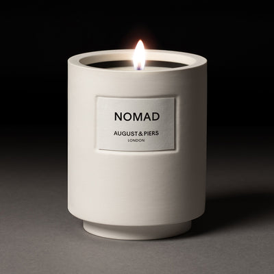 Luxury home fragrance by AUGUST&PIERS London – NOMAD scented candle in minimalist white ceramic jar.