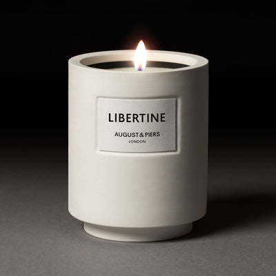 AUGUST&PIERS LIBERTINE luxury scented candle in white ceramic vessel – bold, sensual home fragrance from London.