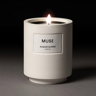 Luxury home fragrance by AUGUST&PIERS London – MUSE scented candle in minimalist white ceramic design.
